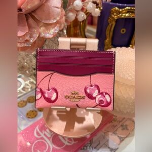 New Coach Flower Pink Cherry Print Card Case Holder